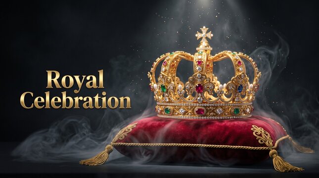 Royal Celebration gold crown on red velvet pillow. Majestic imperial crown with jewels and smoke. Elegant coronation ceremony background.