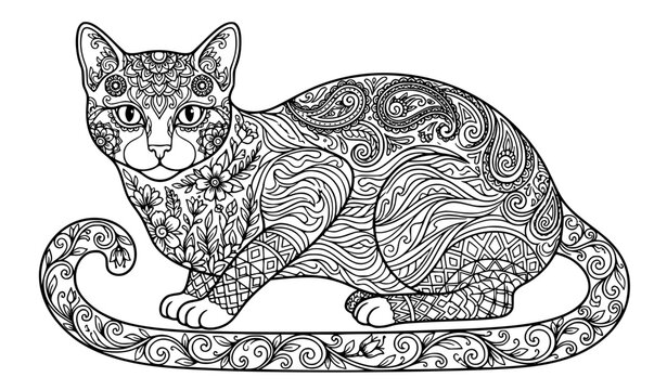 Playful Cat Zentangle Coloring Page Black White Decorative Vector Art