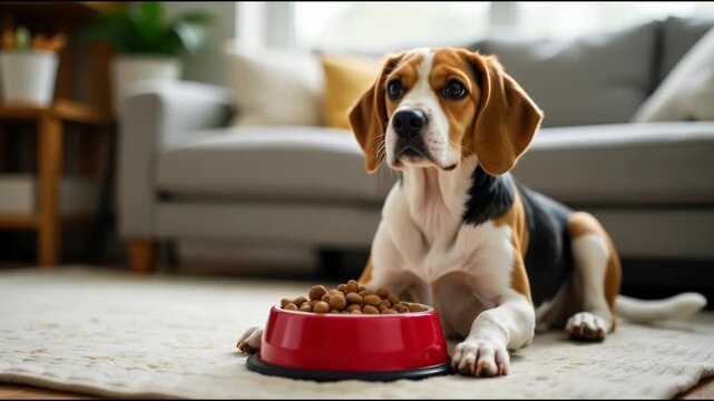 A beagle dog sitting next to a bowl of food, perfect for use in pet-related or lifestyle