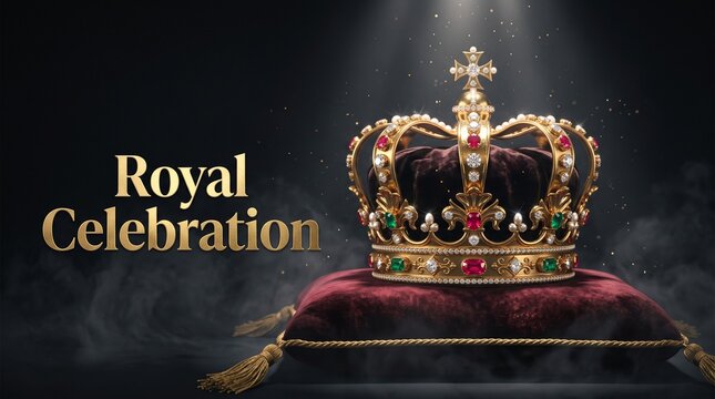 Royal Celebration gold crown on velvet pillow, majestic imperial crown with jewels, elegant monarchy background for gala events