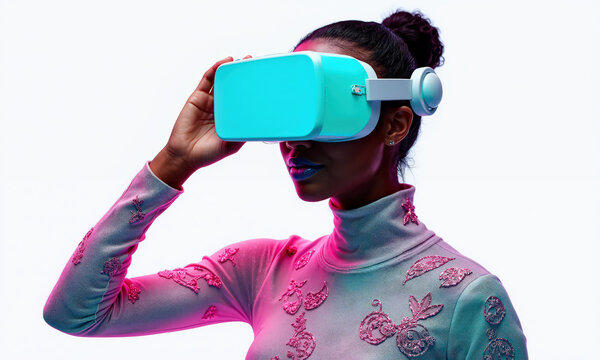 Virtual reality woman biracial cosplayer wearing embroidered bodysuit and adjusting goggles in neon lights for metaverse concept