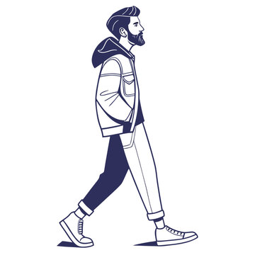 Stylish bearded man walking in casual jacket and sneakers
