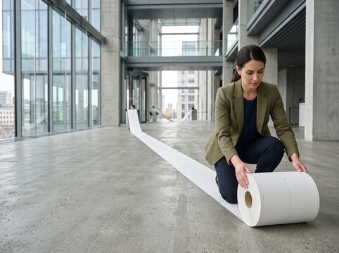 Businesswoman unrolling long paper scroll in modern office
