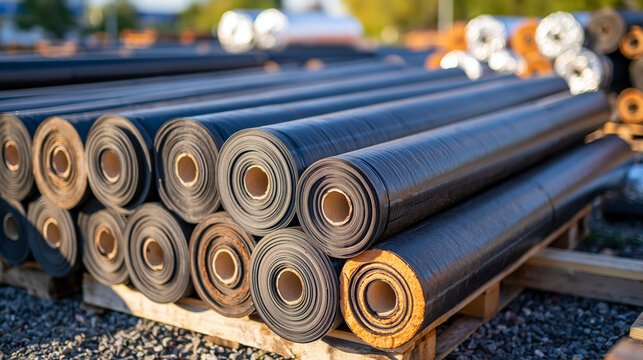 Top down view of tightly organized rolls of roofing material stored outdoors, overlapping cylindrical forms creating geometric patterns, dark waterproof membranes, lighter synthetic roofing underlay