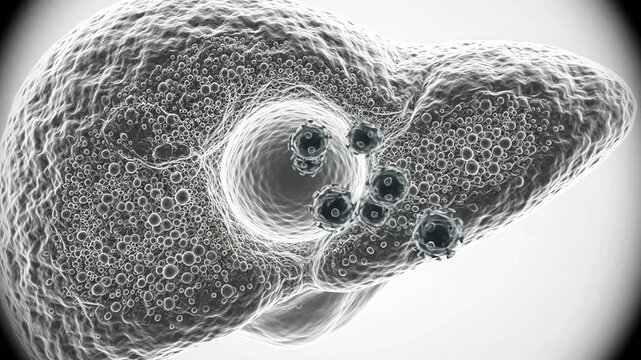 Hepatitis B virus particles slowly moving nearby, liver cell and virus particles maintain consistent 