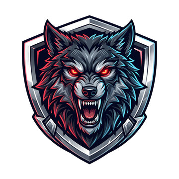 Aggressive wolf head emblem with glowing red eyes on a metallic shield background.