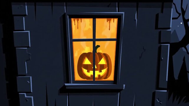 Jack o lantern glowing inside a haunted house window animated video footage featuring spooky orange light and eerie night atmosphere