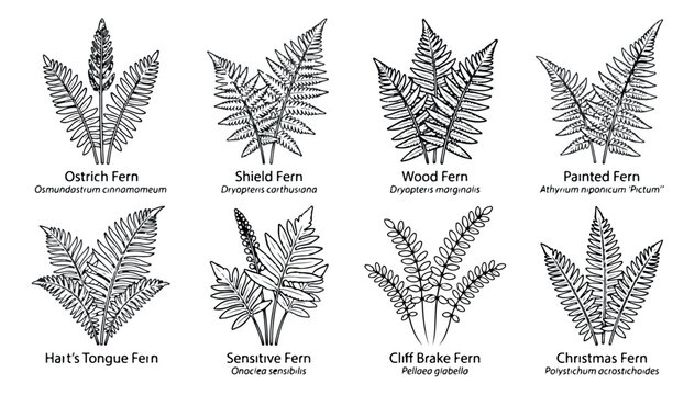 Vintage botanical fern illustrations, set of 8 black and white fern leaf vectors, hand drawn forest plant species for nature branding