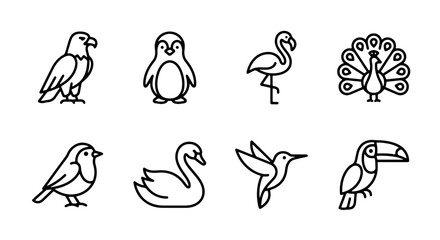 Naklejka premium Diverse Bird Icon Set, Minimalist Line Art Collection of Avian Species, Vector Graphics for Nature and Wildlife Themes