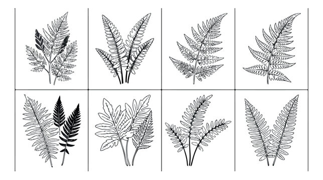 Vintage botanical fern leaf illustrations, set of 8 black line art fronds, hand drawn forest foliage vector elements for wedding stationery