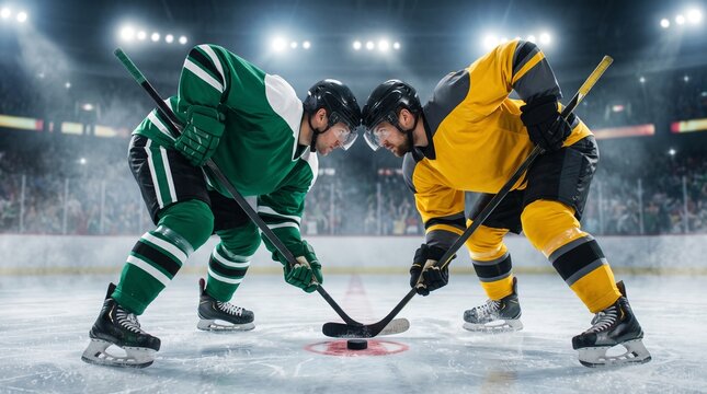 Hockey players face off during intense game at professional arena.