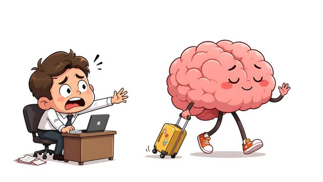 Funny Cartoon Worker Chasing His Brain, Surreal Burnout and Creative Block Concept