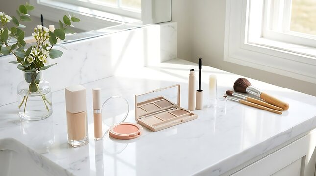 Cosmetic makeup products including foundation mascara and brushes arranged neatly on a bright table. beginner makeup tips