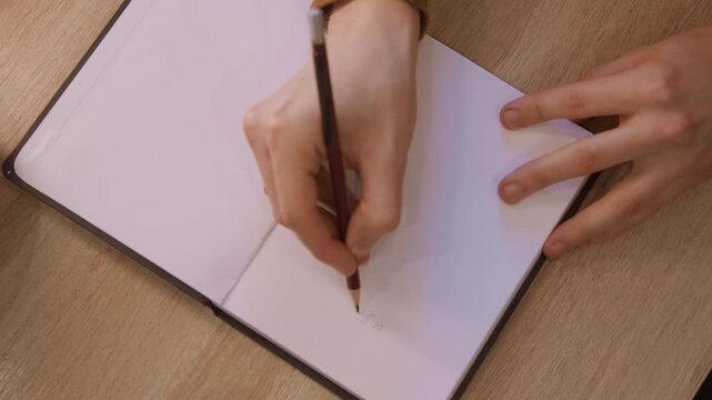 Close up of woman hand writing mathematical equations in cursive with pencil on white paper inside open notebook placed on wooden table. plate containing salad is partially visible next