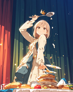 Anime illustration of a young woman raising a large spoon with a tiny golden crown above her head at a festive dinner table full of food，ごちそうが並ぶテーブルで、大きなスプーンと小さな金の王冠を頭上に掲げる少女のアニメイラスト