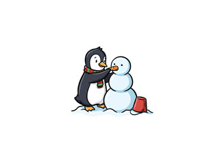 Fototapeta premium Cute Penguin Building A Snowman With Scarf And Small Red Bucket On White Background.eps
