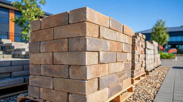 Rustic construction yard with weathered stacks of concrete blocks exposed to outdoor conditions, aerated concrete, foam concrete and traditional concrete units showing subtle differences in color, p