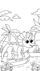 Hand-drawn coloring page featuring a cute triceratops playing by a river, set against a natural landscape filled with bushes and wildflowers  © veensahand_art🍅