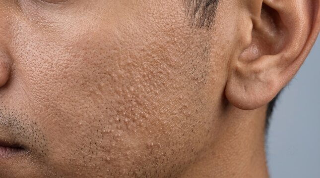 Macro detail of closed comedones and textured skin on male cheek
