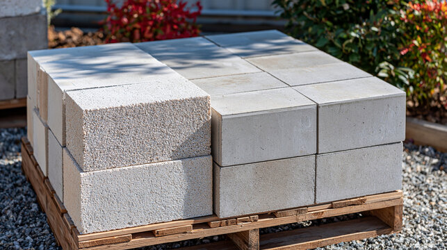 Top down view of assorted concrete masonry blocks arranged on pallets outdoors, aerated concrete, foam concrete, lightweight aggregate blocks and traditional dense concrete blocks grouped separately