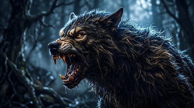 Fierce snarling wolf with glowing blue magical energy in a dark and mysterious enchanted forest setting