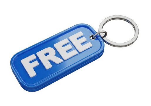 Blue keychain with bold white free text