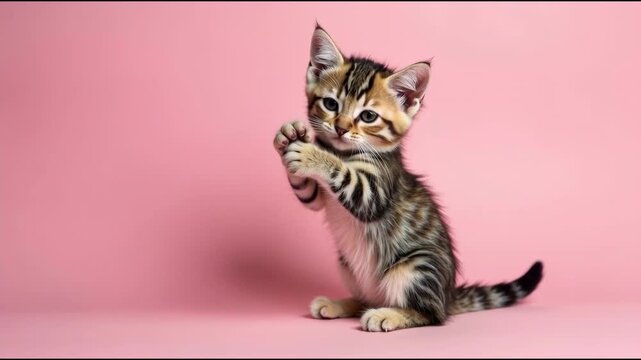 A kitten playing with a toy on a pink background, great for kids or pet-related themes
