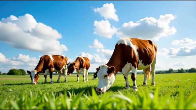 A herd of cows grazing in a lush green field, a peaceful scene
