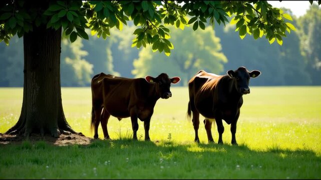 Two cows grazing near a tree