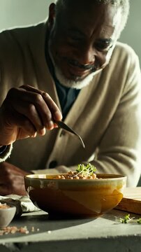 Senior chef garnishing chickpea bowl with fresh microgreens using tweezers. Focused cook plates healthy vegan food on rustic table. Man adds sprouts to gourmet dish with pink salt nearby.