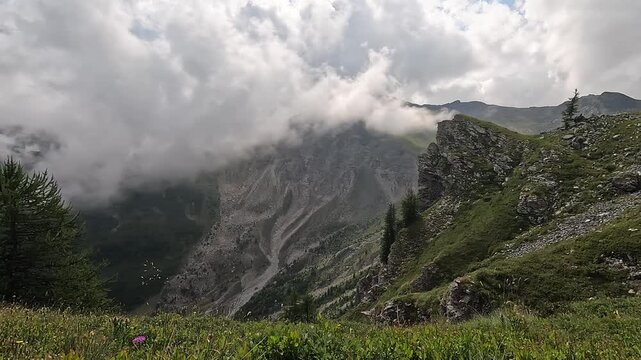 Cloud clearing over scree slopes and alpine meadow, Colle della Gianna, Monviso massif, Cottian Alps, Piedmont, Italy