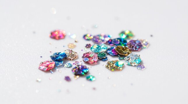Iridescent hexagonal glitter pieces scattered on a white surface, macro photography