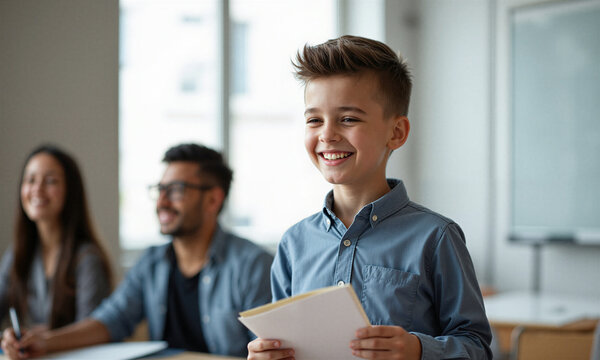 Student presentation classroom boy standing confidently with notes while smiling during a public speaking event in a bright school