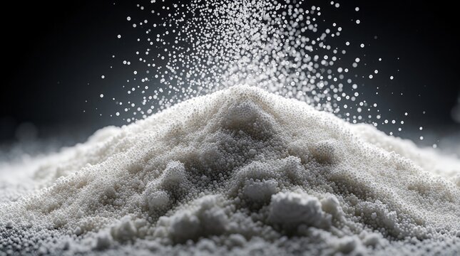 White powder pile with small particles falling from above. Macro view shows granular texture and composition details of fine material. Scientific research or industrial substance.