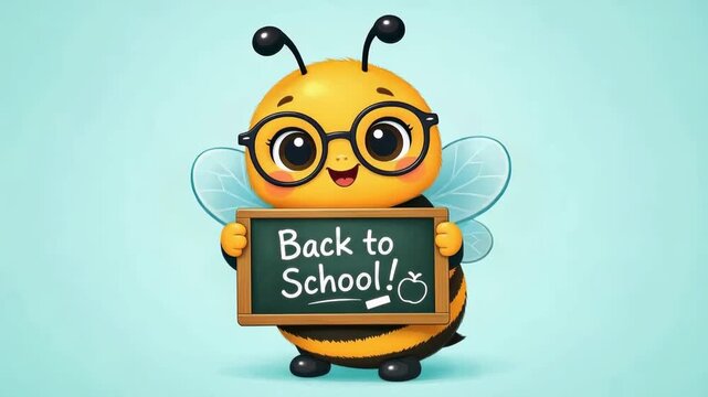 Cute bumblebee character holding a chalkboard that reads "back to school!" cheerful school mascot with glasses for kids education and classroom fun.
