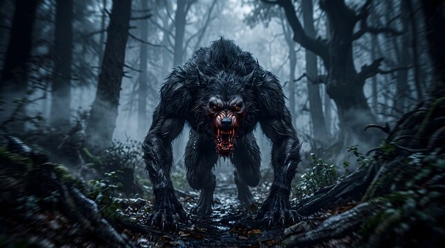 A terrifying dark creature standing in a misty forest at night with a menacing and aggressive stance