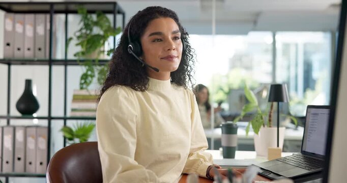 Happy woman, call center and computer with headset for helpdesk or customer service at office. Female person, consultant or agent with smile for CRM, communication or virtual assistance at workplace