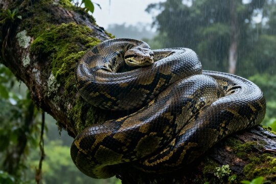 A large python coiled on a moss-covered tree branch in a rainforest during rainfall