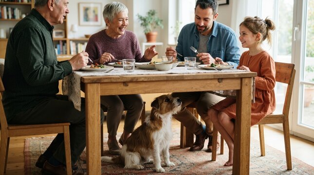Family enjoying dinner together at a wooden table. Small dog sitting underneath looking up. Multi-generational home meal