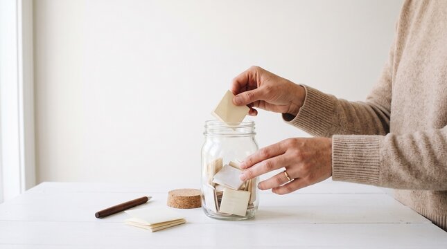 Person placing folded paper notes into a glass jar for goal setting