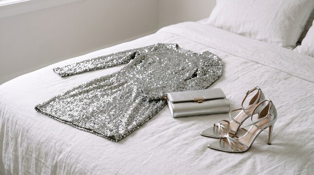Sparkling silver sequin dress with matching clutch and heels on bed