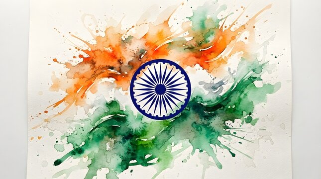 Watercolor painting of the indian flag with saffron white and green hues