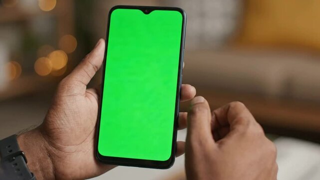 Person using smartphone with green screen for app mockup and digital marketing presentation chroma key