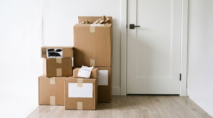 Fototapeta premium Stack of cardboard boxes waiting by the door for delivery or pickup