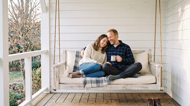 Couple relaxing on a porch swing enjoying a warm drink on a cozy autumn day