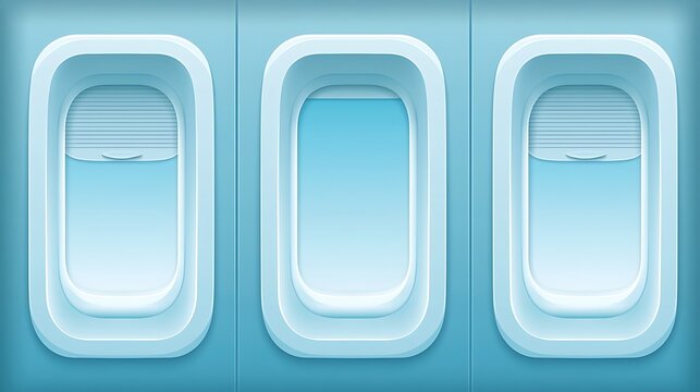 Three airplane windows with shades on a blue cabin wall. Ideal concept for air travel and aviation design projects.