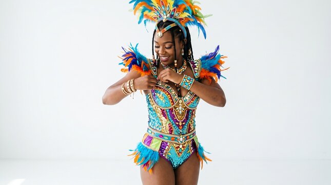 Woman in vibrant carnival costume with feathers and sequins