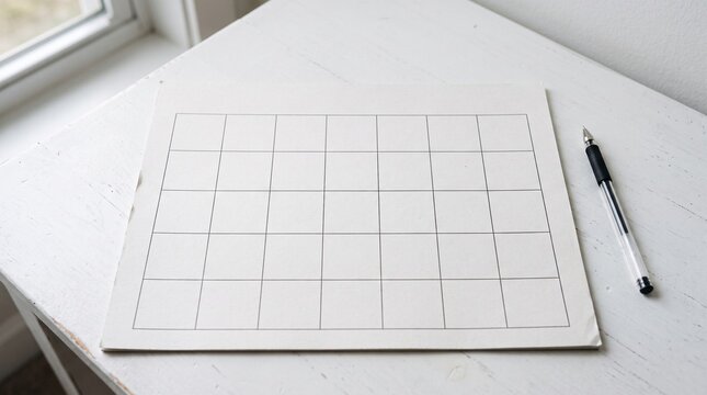 Blank monthly calendar grid with a pen on a white wooden table