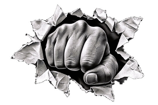 A powerful fist punching through torn paper, symbolizing strength and breaking barriers