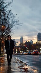 Fototapeta premium Man walks alone on rainy city street, loneliness and work stress